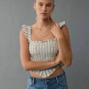 American Eagle Striped Cream and Navy Smocked Ruffle Tank Top